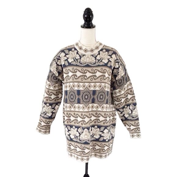 Express Vintage Women’s Oversized Long Sleeve Beige Teal Patterned Sweater Sz S - Picture 2 of 10